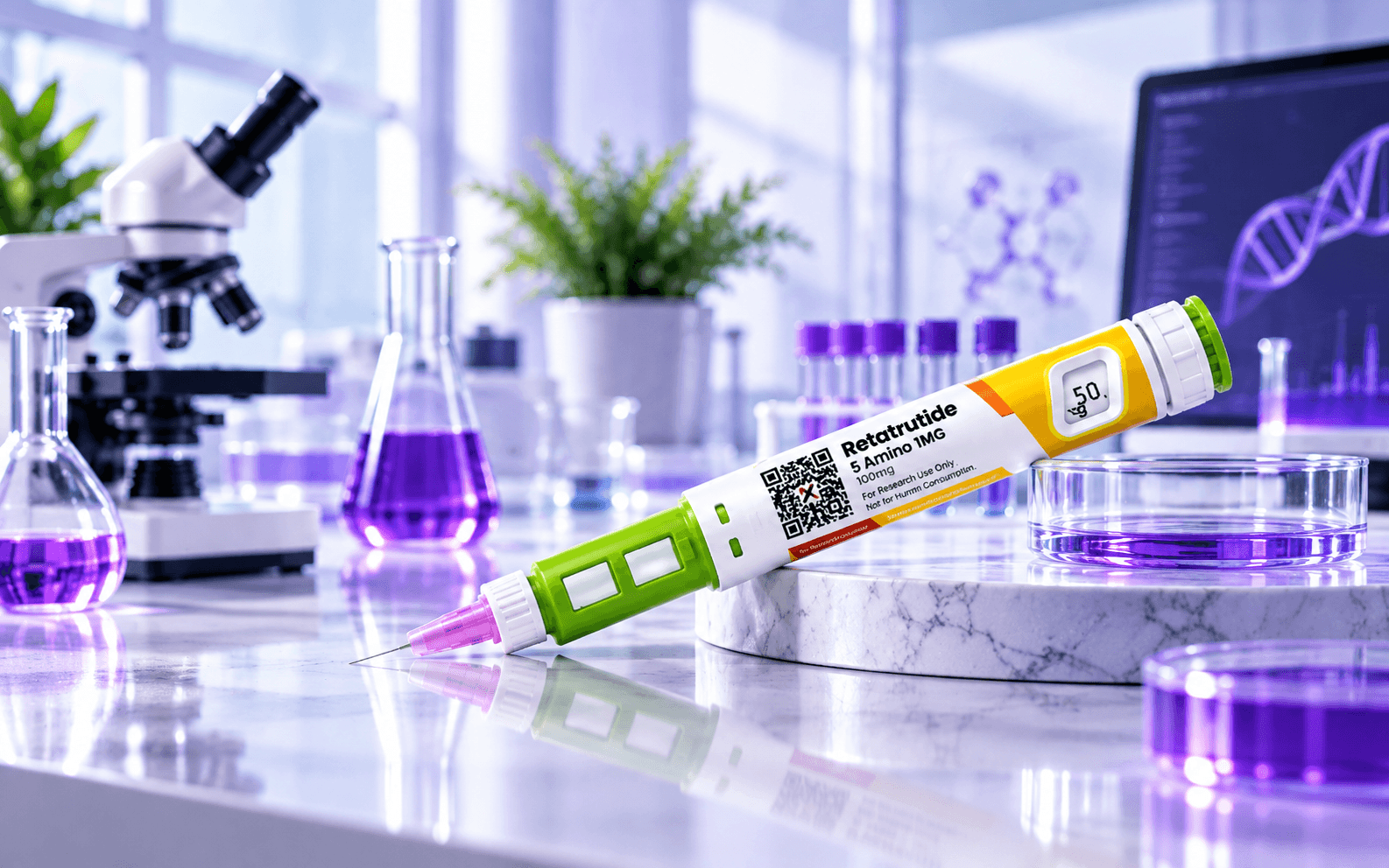 Research peptide pen on a laboratory bench – The Penpeptide